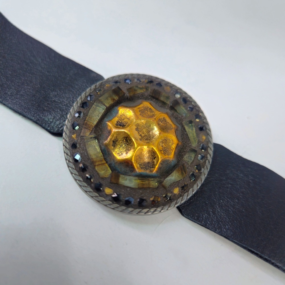 Black Leather Cuff Bracelet Hammered Brass Metal Glass Mosaic Snap Close S/M